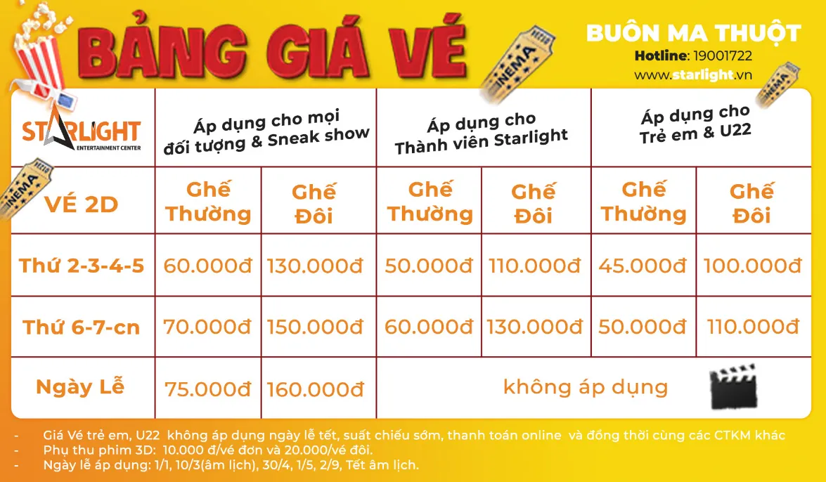 Giá vé và chương trình ưu đãi tại Starlight Buôn Ma Thuột